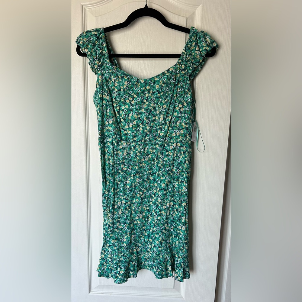 Old Navy Fit & Flare Puff-Sleeve Floral-Print Mini Dress, size small, blue green